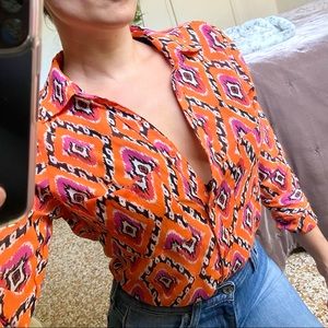 NWOT Alloy Apparel Colorful Bright Orange Ethnic Ikat Print Shirt Blouse Sm